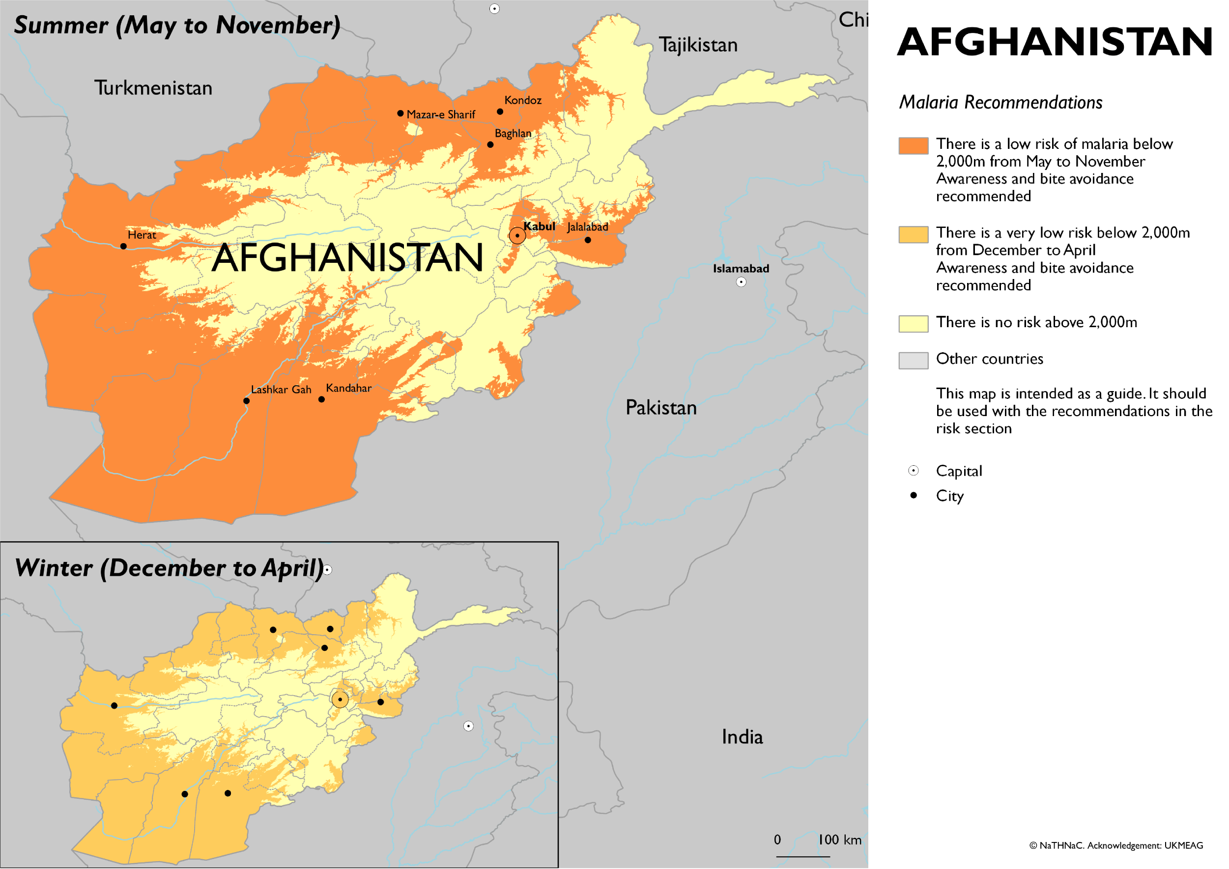 This is an image of a map showing there is a low risk of malaria in areas of the country below 2,000m from May to November: awareness of risk and bite avoidance recommended. There is a very low risk of malaria in areas below 2,000m during the rest of the year: awareness of risk and bite avoidance recommended. Bite avoidance recommended in all areas.